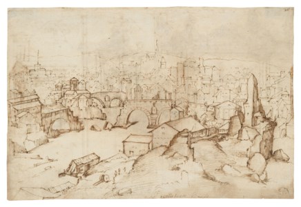 An extensive view of Rome with the Ponte Rotto, seen from the Aventine ( recto ); Studies after antique wall decorations ( verso )