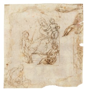 The Virgin and Child enthroned with attending musicians, and other studies ( recto ); The Rest on the Flight into Egypt ( verso )