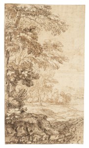 A wooded landscape with a stream