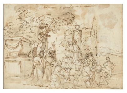 Priests by a tomb and young women garlanding a herm ( recto ); Study of a landscape ( verso )
