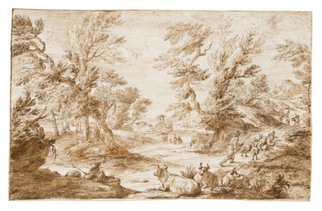 A cowherd resting with his animals by a road, a shepherd and other animals beyond
