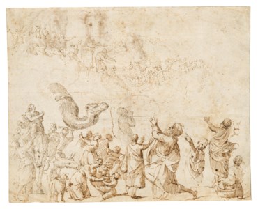 Moses and the Israelites reaching the Promised Land ( recto ); Studies of horses' heads ( verso , visible through the recto )