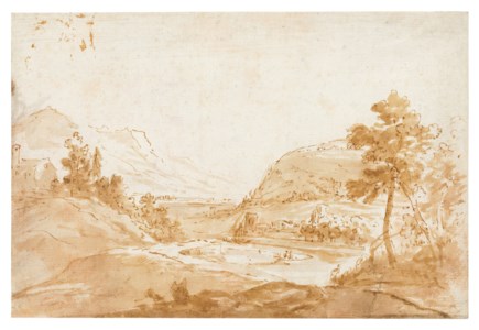 A mountain river landscape, a church to the left