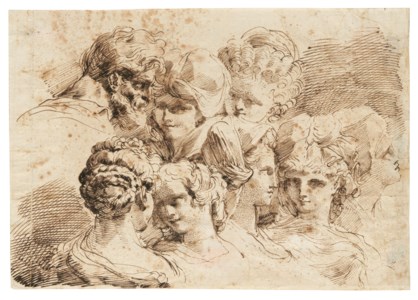 Studies of the heads of five young women, a young girl, a boy and a bearded man