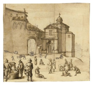 Figures and animals outside the gate of a town