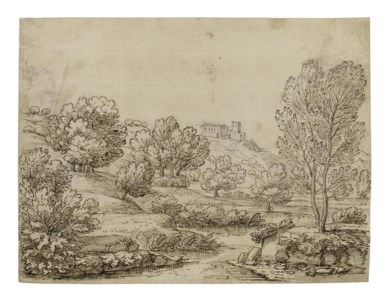 A wooded river landscape