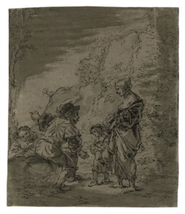 A woman and child asking directions from two men ( recto ); A man and woman conversing near a village ( verso )