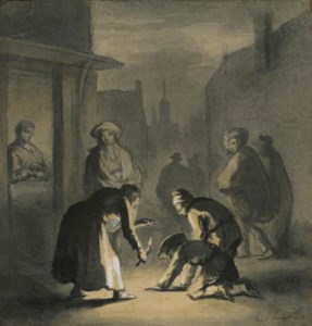 Figures gathered in a street at night
