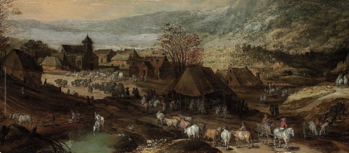 A village with figures, cattle and horses, mountains beyond