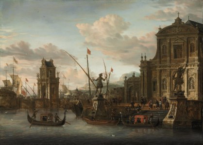 A capriccio of a Mediterranean harbour with a Dutch ship at anchor, a churchyard with a classical column on the embankment, figures descending to the beach the steps of a baroque church