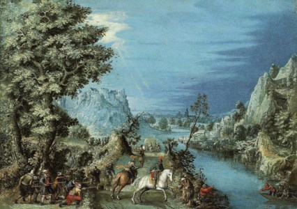 A river landscape with travellers ambushed by bandits