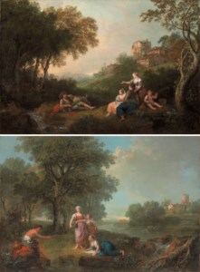 A wooded river landscape with figures resting and fishing, cattle watering at a river in the distance; and A wooded landscape with figures resting and fishing by a stream