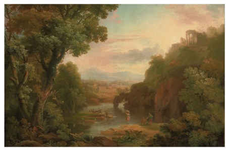 A classical landscape with fishermen and a washerwoman, a hilltop villa and mountains beyond