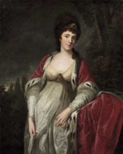 Portrait of Henrietta Sebright, Lady Harewood, three-quarter-length, in peeress's robes, in a wooded landscape