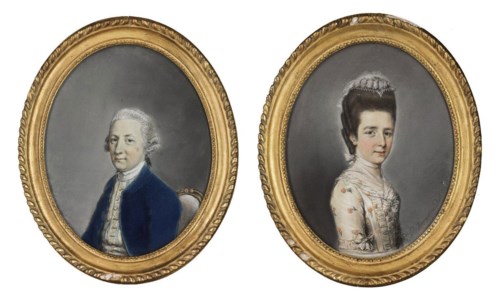 Portrait of a lady, half-length, in a floral dress with a lace headdress; and Portrait of a gentleman, half-length, in a blue coat and pale yellow waistcoat
