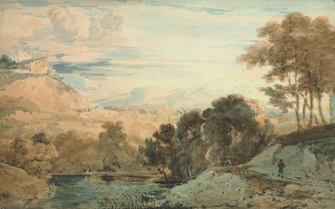 An angler by a wooded river in an extensive landscape, with buildings on a hill beyond