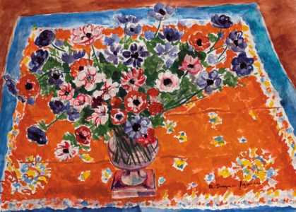 Bouquet d'anémones sur fond rouge