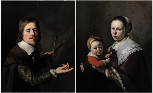 Portrait of Gijsbert Gillisz. de Hondecoutre (1604-1653), half-length, holding a palette and brushes; and Portrait of his wife Maria Hulstman, half-length, holding a child