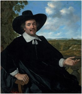 Portrait of a gentleman, three-quarter-length, seated, before a balustrade, a landscape with a country house and a distant view of Haarlem beyond