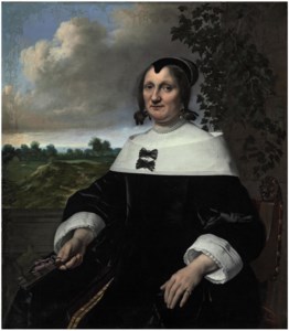 Portrait of a lady, three-quarter-length, seated, before a balustrade, holding a fan, a landscape with bleaching fields and a view out to sea beyond