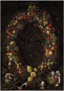 A garland of fruit with guinea pigs and watermelons