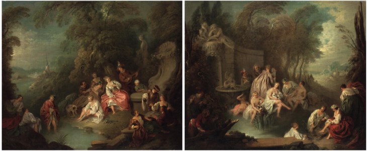 Fête champêtre with a musician and a statue of Venus behind; and Fête champêtre with bathers in front of a fountain