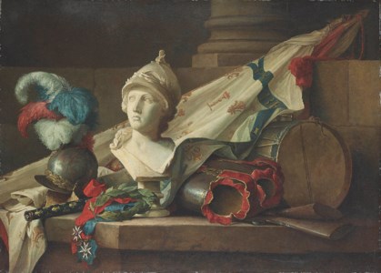 A bust of Minerva, armour, muskets, a drum, a standard, the baton of command of a Maréchal de France, a laurel wreath and the Orders of Saint-Louis and of the Saint-Esprit, all on a stone ledge