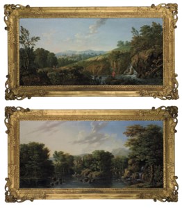 A wooded river landscape with a man fishing in the foreground, a shepherd playing a flute beside a flock of sheep and a town beyond; and A wooded river landscape with fishermen in a boat, a ruined building beyond and figures crossing a bridge