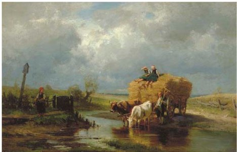 Figures with cows in a stream