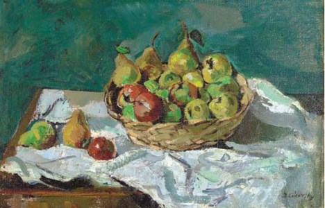 Still life of fruit in a woven basket