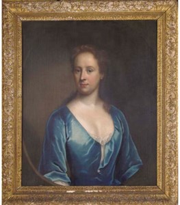 Portrait of a lady, quarter-length, in a blue dress, feigned oval