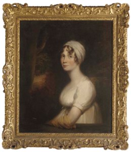 Portrait of Miss Morley, three-quarter-length, in a white dress and yellow glove, a landscape beyond