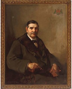 Portrait of Sir William Hannay, three-quarter-length, seated in a coat with fur collar, holding gloves in his left hand, glasses in his right, a coat-of-arms in the top right corner
