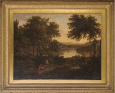 Figures resting in a river landscape, a mill beyond