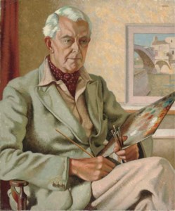Portrait of the artist's father, Charles H. H. Burleigh (1875-1956), seated half-length, in a green coat, holding brushes and a palette