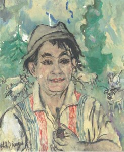 Farmer with pipe, cows and bulls