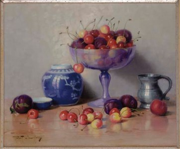 Cherries and plums in a glass bowl, a porcelain vase and pewter tankard to the side