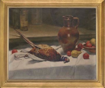 A pheasant, pears, apples and a jug, on a table