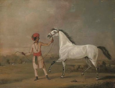 AN ARAB STALLION HELD BY AN INDIAN GROOM IN AN EXOTIC LANDSCAPE, FIGURES BEYOND