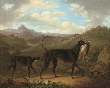 TWO GREYHOUNDS WITH A HARE, IN AN EXTENSIVE MOUNTAINOUS LANDSCAPE WITH HUNTSMEN COURSING BEYOND