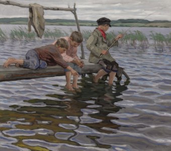 Boys fishing off a pier