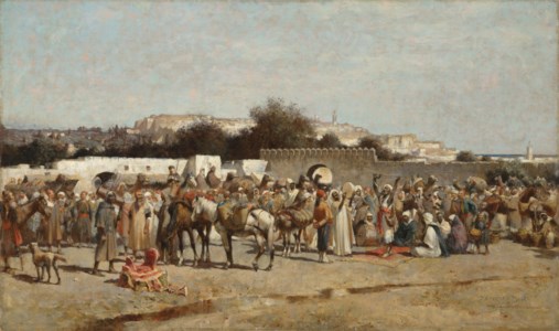 A bustling market place at the city wall, Tangiers