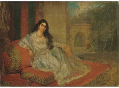 An Indian woman reclining on bolsters on the terrace of a Lucknow residence, a stem cup of jewels at her side, a bihishti laying the dust beyond