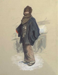 Winter dress, Japan; and A Japanese family taking tea