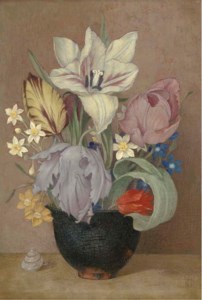 Lillies and Tulips in a black glazed pot