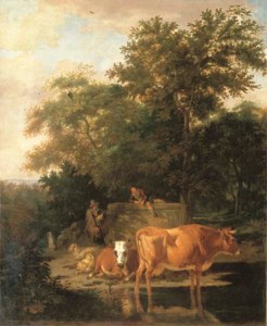 A wooded landscape with herdsmen resting and cows watering by a river