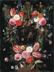 A garland of tulips, roses, morning glory, an iris, clematis and other flowers surrounding a sculpted stone cartouche with a red admiral, a common blue and other butterflies and insects
