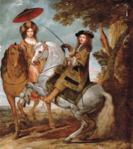An equestrian portrait of an elegant gentleman and lady in a wooded landscape, a village beyond