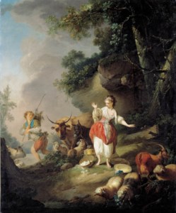 Les oeufs cassés : A shepherdess startled by a drover and his cattle in a pastoral landscape