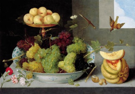 Grapes in a blue and white porcelain bowl with peaches on a gold tazza , with a melon, shells and carnations on a stone ledge, with two birds and a ladybird